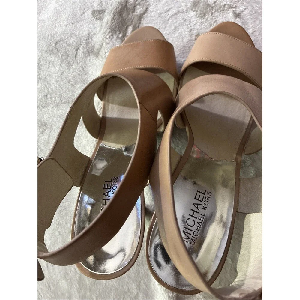 Michael Kors Carla Tan Leather Platform Heel Slingback Women's Sandals Sz 9.5